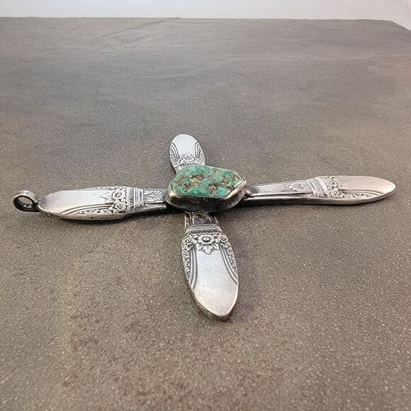 Huge Vintage Sterling Turquoise Antique Silverware Cross Pendant - Picture 6 of 10